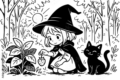 A girl is planting a strawberry in a garden. A cat is watching her. The girl is wearing a black cloak