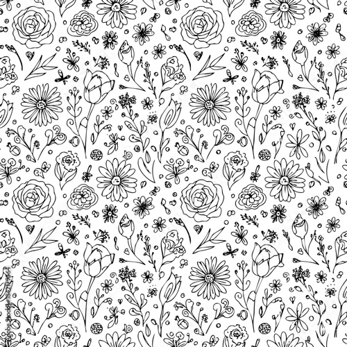 A black and white floral pattern with a lot of detail. The flowers are drawn in a very detailed manner, and the overall effect is very artistic and whimsical. The pattern is full of life and energy