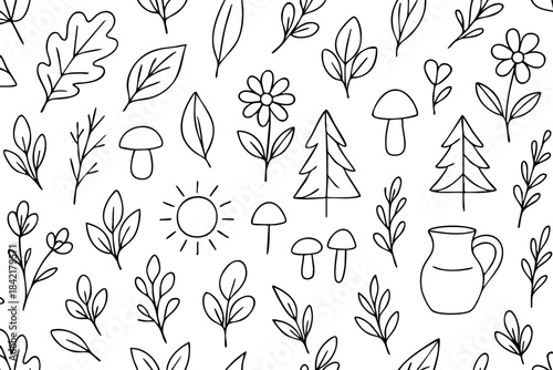 The image is a black and white drawing of a forest scene. It features trees, mushrooms, and flowers, all of which are drawn in a stylized manner. The drawing has a whimsical and playful feel to it