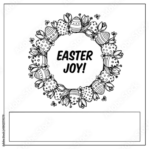 A colorful Easter wreath with eggs and flowers. The wreath is decorated with a message that says Easter Joy