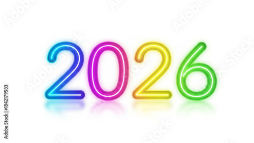 Neon colorful 2026 number sign with reflections