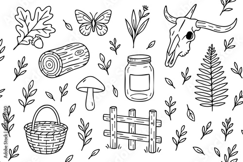A drawing of a forest with a variety of items including a basket, a jar, a log, a mushroom, a butterfly, a skeleton, and a tree