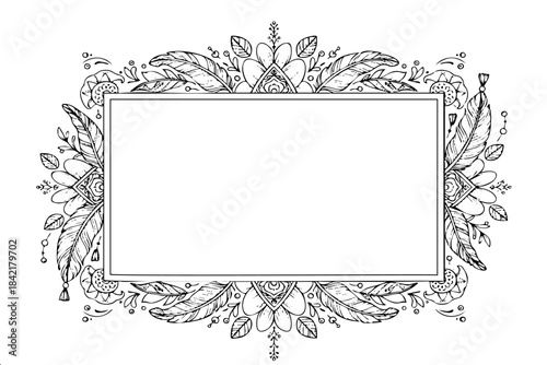 A white frame with a black border and a black background. The frame is decorated with a lot of leaves and flowers