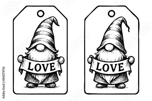 Gnome holding a banner that says love. Two gnomes holding banners
