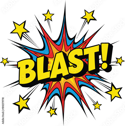 Dynamic cartoon BLAST exclamation on a red and blue explosive burst with yellow stars.