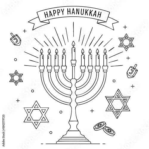 A drawing of a menorah with a banner that says Happy Hanukkah. The menorah is lit with candles and surrounded by stars and other symbols