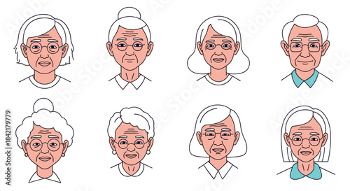 A diverse collection of eight outline-style avatars depicting elderly men and women with different hairstyles and expressions.