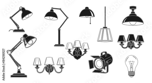 Photo of collection of various black and white lighting fixtures and lamps in vintage style