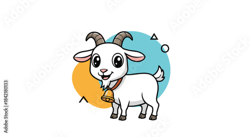 A very cute cartoon baby goat with big eyes and a bell collar standing happily in front of abstract colorful circles and shapes.