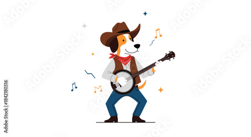A fun cartoon beagle dog dressed as a cowboy playing a banjo with musical notes and sparkles floating around on a white background.