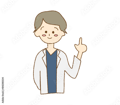 ポイントを指さす白衣の女性の可愛い手書き風イラスト