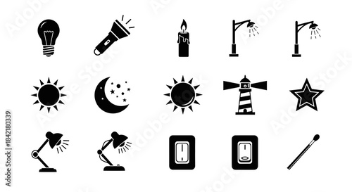 Photo of collection of light source icons lightbulb, flashlight, candle, street lamp, sun, moon, lighthouse, star, desk lamps, switches, and match