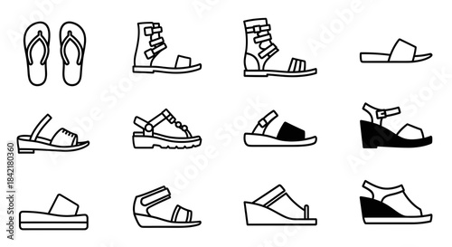 Photo of set of various outline icons for summer sandals and flipflops for women and men