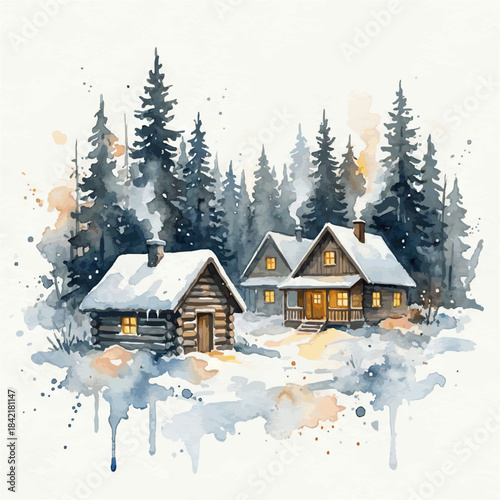 Watercolor Winter Cabin Village Illustration