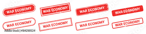 Set of red grunge rubber stamps with text WAR ECONOMY isolated on transparent background. Global trade bans, government restrictions, USA tariffs, financial blockade, economic war, political conflicts