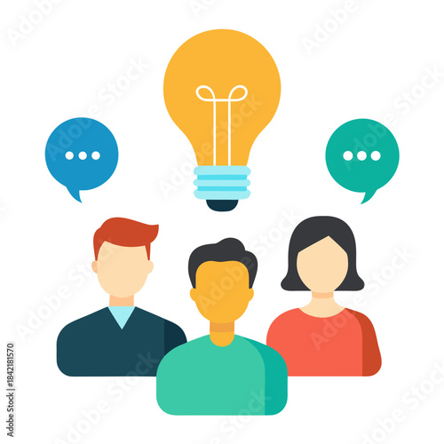 Three people brainstorming and generating a new idea together in a team discussion.