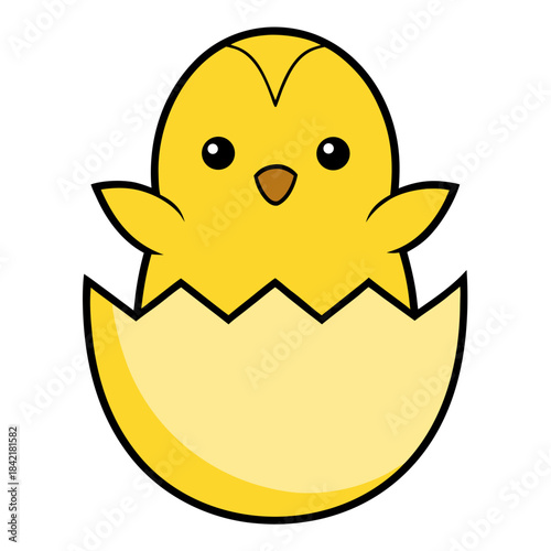 A cheerful cartoon chick with bright yellow feathers emerging from a cracked eggshell