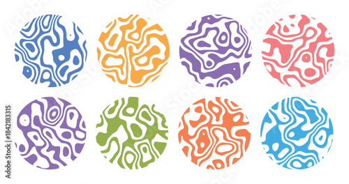 Set of colorful liquid wavy round shapes. Abstract circle round with wavy fluid line. Textured line sticker in retro 70s style. Retro Swiss geometric element vector illustration Transparent background