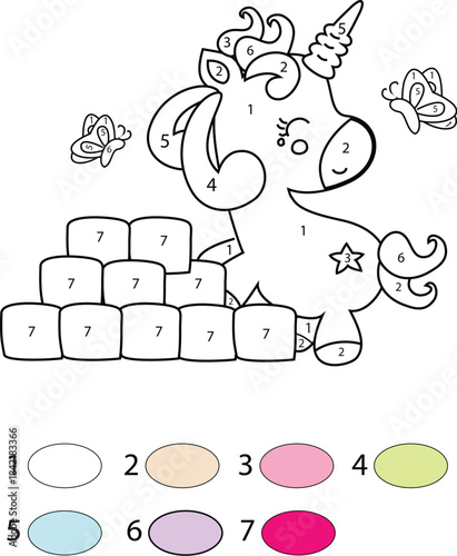 Colorful unicorn puzzle for kids with numbered blocks and butterflies