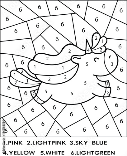 Colorful unicorn coloring page for kids with numbered sections