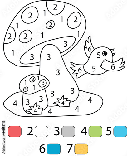 Colorful illustration of a bird and mushrooms for kids to paint