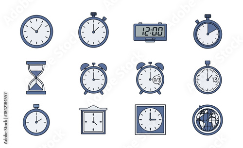 Collection of timekeeping devices clocks watches stopwatches and timers