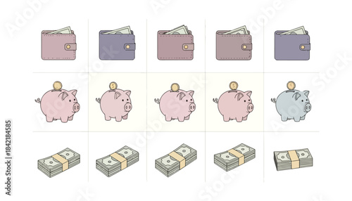 Financial concepts wallets piggy banks and currency in organized arrangement