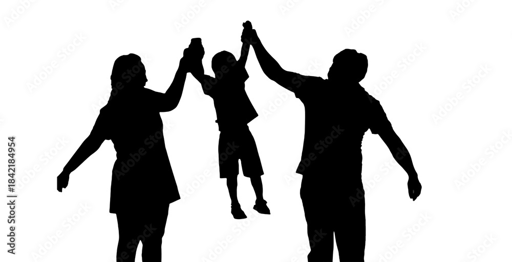 Obraz premium Silhouette family holding a child’s hands shows unity, protection, and emotional bonding. The transparent background makes it perfect for creative designs and symbolic concepts deeply and care.