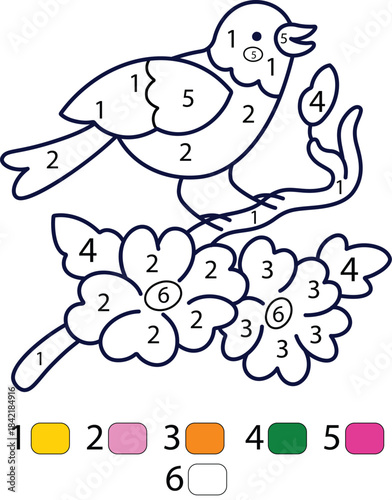 Colorful bird on a flower branch for kids to paint and color