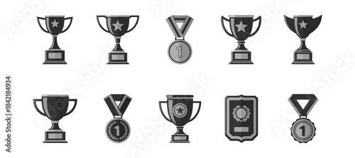 Trophies and medals vector illustration on black background