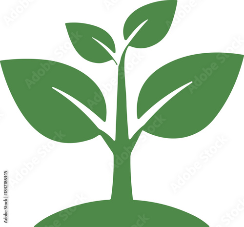 Simple flat vector illustration of a green plant sprout with large leaves growing from the ground, representing nature, growth, and ecology concepts.