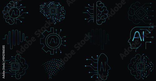 Modern artificial intelligence icons brilliantly showcase advanced AI brain technology and digital innovation for future concepts.