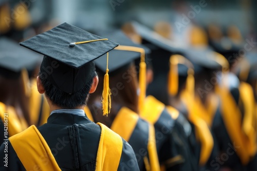 Graduates celebrate completion of their degrees at a commencement ceremony wearing black caps and gowns in a festive atmosphere
