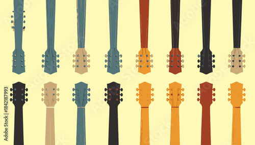 A patterned image of various colored acoustic guitar headstocks against a yellow background