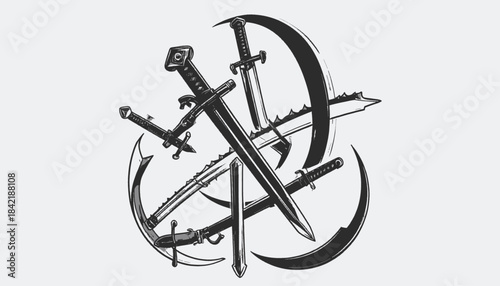 A monochrome illustration of crossed swords and crescent shapes, forming a symbolic design