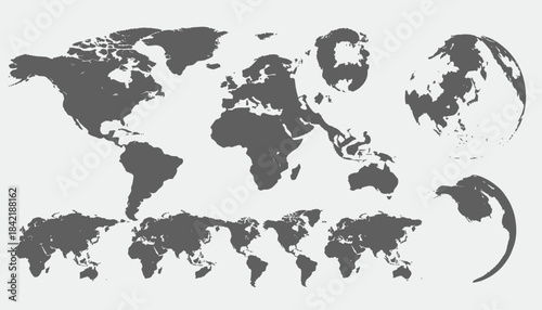 Gray, simple world map in multiple representations, including flat and globe formats