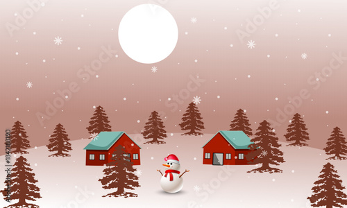 A cheerful snowman stands in a snowy landscape with two cozy houses and evergreen trees under a pale winter sun, perfect for holiday greetings