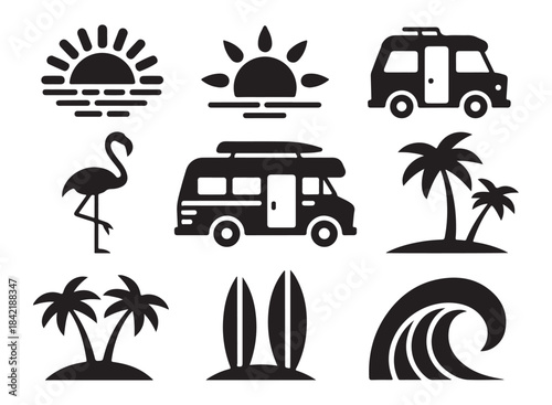 Summer vacation, travel and holiday elements. set of summer tropical icons. beach camping, sun, flamingo