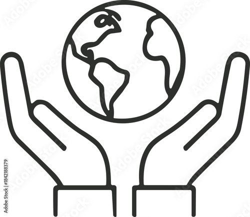Hands holding globe icon, planet protection symbol, global care concept, environmental responsibility, sustainability design, eco stewardship, world unity.