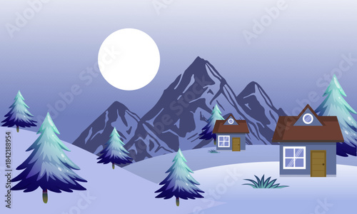 Charming winter village nestled amidst snow-covered trees and majestic mountains under a full moon, depicting a serene rural landscape