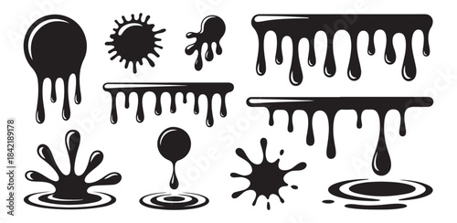 Collection of black liquid drips, splatters, and splashes. various paint, ink, and oil elements with different shapes