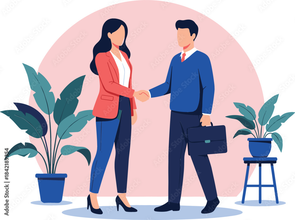 Φωτογραφία Vector illustration of two professional business people, a man and woman, shakin