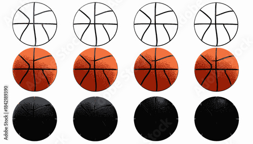 A sequence of basketballs in varying degrees of detail, moving from lines to complete forms