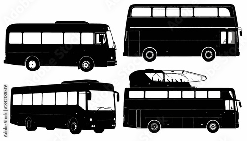 Collection of four black silhouette bus illustrations; includes double-decker and single-level coach types