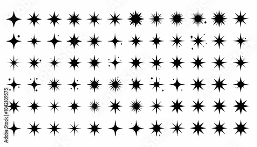 A collection of various stylized stars in black against a white background arranged in rows