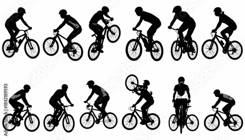 Black silhouette images of cyclists, wearing helmets, riding various bicycles. Some are doing tricks