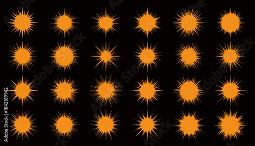 A grid of orange sunburst shapes against a stark black background