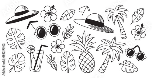 A collection of doodle summer beach elements including hats, sunglasses, tropical leaves, palm trees, and pineapples