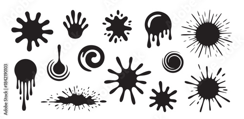 Diverse set of black ink blots, dripping paint, hand print, and spiral shapes isolated on white background