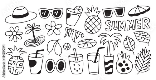 A collection of summer doodles featuring hats, sunglasses, drinks, pineapples, palm trees, and tropical leaves